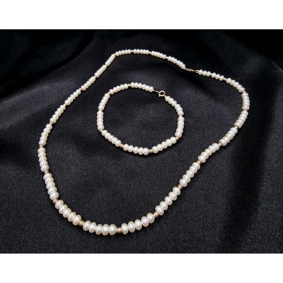 Vintage Late 90s 10K Gold Freshwater Pearl Necklace & Bracelet Set - Picture 3 of 6